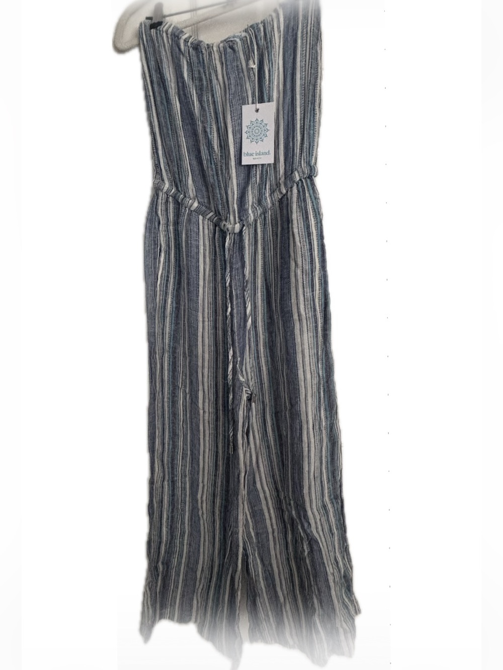 blue island Navy & White Striped Strapless Jumpsuit